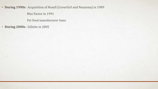 • During 1990s : Acquisition of Noxell (CoverGirl and Noxzema) in 1989
Max Factor in 1991
Pet food manufacturer Iams
• During 2000s : Gillette in 2005
 