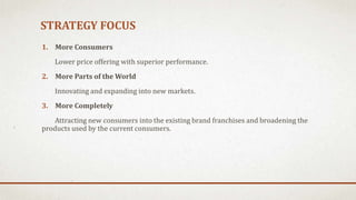 STRATEGY FOCUS
1. More Consumers
Lower price offering with superior performance.
2. More Parts of the World
Innovating and expanding into new markets.
3. More Completely
Attracting new consumers into the existing brand franchises and broadening the
products used by the current consumers.
 