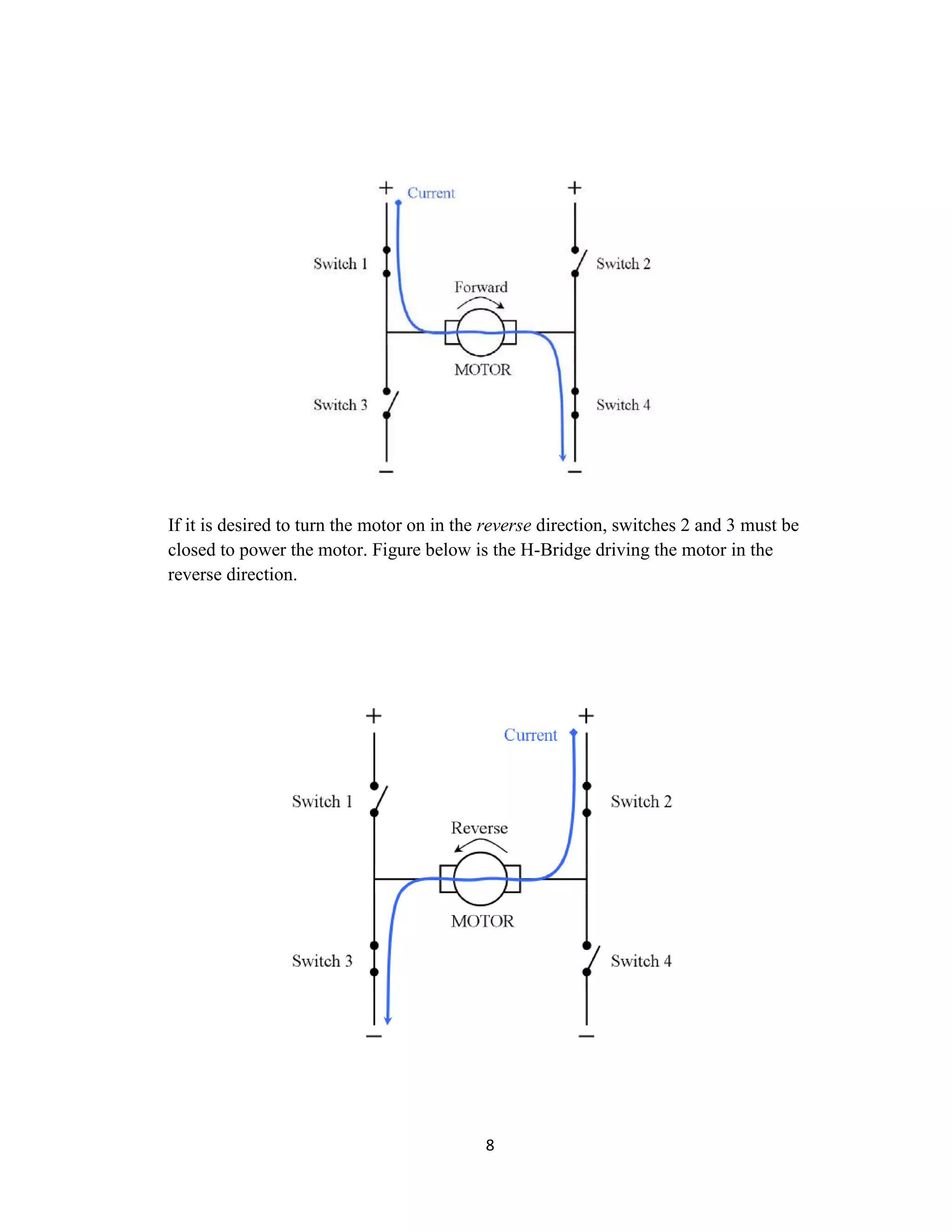 If it is desired to turn the motor on in the reverse direction, switches 2 and 3 must be
closed to power the motor. Figure below is the H-Bridge driving the motor in the
reverse direction.




                                            8
 