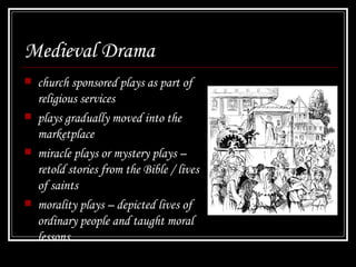 Medieval Drama church sponsored plays as part of religious services plays gradually moved into the marketplace miracle plays or mystery plays – retold stories from the Bible / lives of saints morality plays – depicted lives of ordinary people and taught moral lessons 