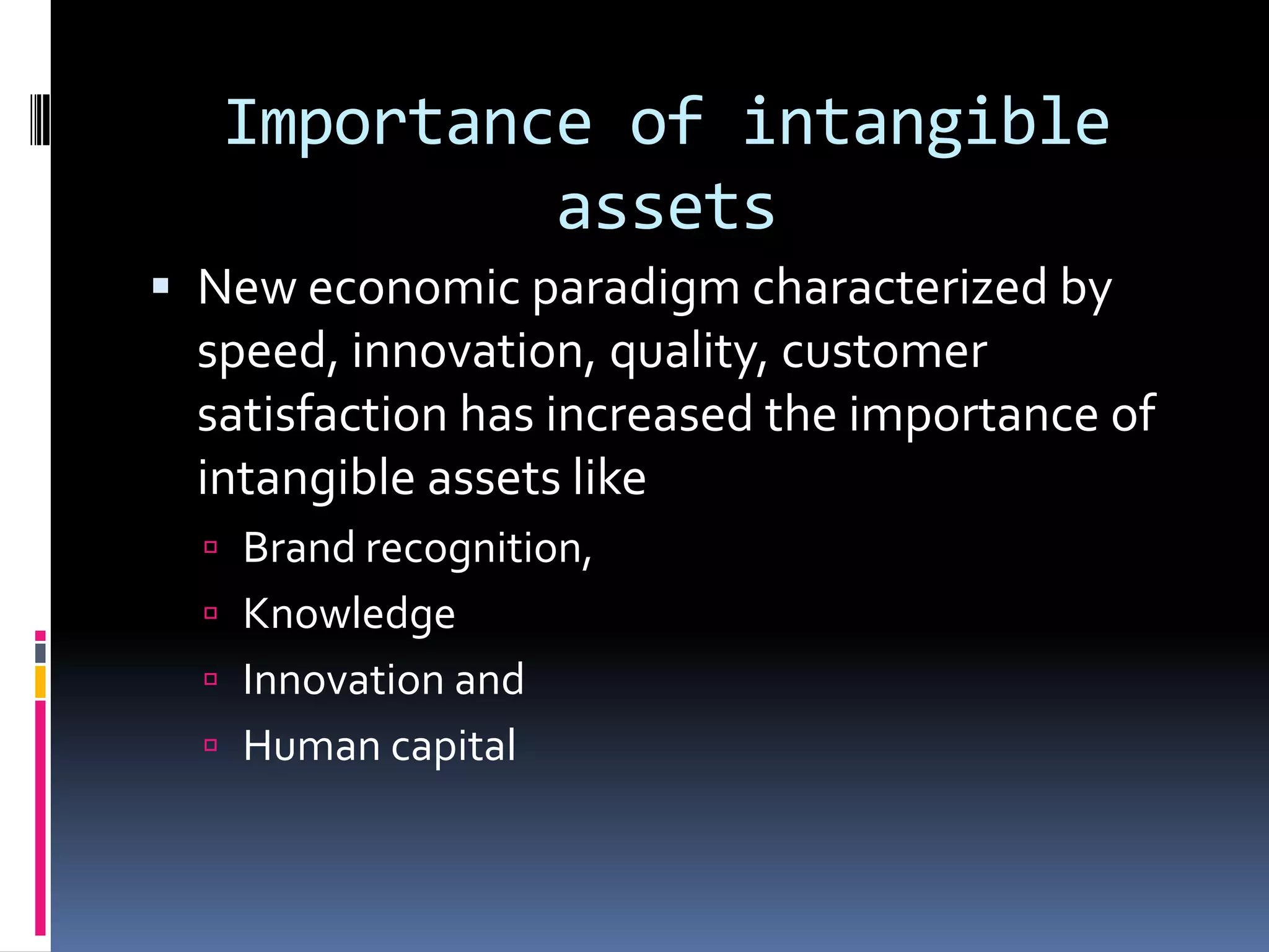 Importance of intangible
assets
 New economic paradigm characterized by
speed, innovation, quality, customer
satisfaction has increased the importance of
intangible assets like
 Brand recognition,
 Knowledge
 Innovation and
 Human capital
 