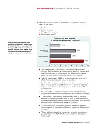HBR Research Report | The Realities of Executive Coaching




                                               9. Whom do you keep apprised of the coaching engagement’s progress?
                                                  (Check all that apply)

                                                 ■    Coachee
                                                 ■    Human resources
                                                 ■    Manager of the coachee
                                                 ■    Other (please specify)

                                                                               Whom do you keep apprised
                                                                          of the coaching engagement’s progress?
While the open-ended responses often
emphasized confidentiality, coaches told us
                                                             Other                        27.1%
that they do keep the manager apprised of
the progress 68% of the time. Examples of
responses from the “other” category show
                                                     Manager of the                                                   67.9%
that coaches vary widely on the issue of                  Coachee
keeping the corporation abreast of progress.

                                                                                                            55.7%
                                                Human Resources


                                                                                                                                    87.9%
                                                           Coachee


                                                                      0       20     40           60   80           100       120      140



                                                 ●    “It is the executive[’s] responsibility to communicate results and
                                                      progress. Built in, however, are joint meetings with [the] manager and
                                                      calls from [the] coach to [the] manager and HR, with [the] coachee
                                                      aware that these checks and balances are part of the process.  ”

                                                 ●    “Many of my clients are at CEO or senior management level, and in
                                                      effect, there is no one specific person to report to.
                                                                                                          ”

                                                 ●    “I will establish at the outset with the coachee, the manager, and any
                                                      others involved a code of confidentiality and a process for reporting
                                                      progress. In most cases, I discuss progress with the coachee at the end
                                                      of each session. ”

                                                 ●    “As part of HIPO development programs and/or if the HR manager
                                                      brought me in, there are regular checkpoints with HR and the manager.
                                                                                                                          ”

                                                 ●    “I maintain strict confidentiality regarding the content of coaching.
                                                      Reporting to human resources is given in terms of general themes of
                                                      organizational value. Any reporting concerning progress to HR is [done]
                                                      with the coachee present and [is] led by the coachee. ”

                                                 ●    “[It] depends on [the] organization, however, always the boss and
                                                      then others such as Chief Learning Officer or Leadership Development
                                                      [manager]. ”

                                                 ●    “We do not take any coaching engagement where we have to report
                                                      ‘progress’ to anyone. We feel that would compromise the coaching
                                                      relationship.”



                                                                                          Harvard Business Review Research Report 12
 
