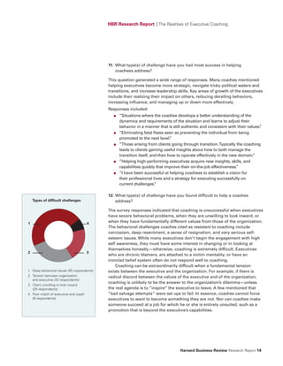 HBR Research Report | The Realities of Executive Coaching




                                             11. What type(s) of challenge have you had most success in helping
                                                 coachees address?

                                             This question generated a wide range of responses. Many coaches mentioned
                                             helping executives become more strategic, navigate tricky political waters and
                                             transitions, and increase leadership skills. Key areas of growth of the executives
                                             include their realizing their impact on others, reducing derailing behaviors,
                                             increasing influence, and managing up or down more effectively.
                                             Responses included:
                                               ●   “Situations where the coachee develops a better understanding of the
                                                   dynamics and requirements of the situation and learns to adjust their
                                                   behavior in a manner that is still authentic and consistent with their values.
                                                                                                                                ”
                                               ●   “Eliminating fatal flaws seen as preventing the individual from being
                                                   promoted to the next level.  ”
                                               ●   “Those arising from clients going through transition. Typically the coaching
                                                   leads to clients gaining useful insights about how to both manage the
                                                   transition itself, and then how to operate effectively in the new domain. ”
                                               ●   “Helping high-performing executives acquire new insights, skills, and
                                                   capabilities quickly that improve their on-the-job effectiveness.”
                                               ●   “I have been successful at helping coachees to establish a vision for
                                                   their professional lives and a strategy for executing successfully on
                                                   current challenges.  ”

                                             12. What type(s) of challenge have you found difficult to help a coachee
    Types of difficult challenges                address?

                                             The survey responses indicated that coaching is unsuccessful when executives
                                             have severe behavioral problems, when they are unwilling to look inward, or
1                                    4
                                             when they have fundamentally different values from those of the organization.
                                             The behavioral challenges coaches cited as resistant to coaching include
                                             narcissism, deep resentment, a sense of resignation, and very serious self-
                                             esteem issues. While many executives don’t begin the engagement with high
                                             self awareness, they must have some interest in changing or in looking at
                                             themselves honestly—otherwise, coaching is extremely difficult. Executives
2                                    3
                                             who are chronic blamers, are attached to a victim mentality, or have an
                                             ironclad belief system often do not respond well to coaching.
                                                 Coaching can be extraordinarily difficult when a fundamental tension
1. Deep behavioral issues (55 respondents)   exists between the executive and the organization. For example, if there is
2. Tension between organization              radical discord between the values of the executive and of the organization,
   and executive (33 respondents)
                                             coaching is unlikely to be the answer to the organization’s dilemma—unless
3. Client unwilling to look inward
   (25 respondents)                          the real agenda is to “inspire” the executive to leave. A few mentioned that
4. Poor match of executive and coach         “bad salvage attempts” were set ups to fail. In essence, coaches cannot force
   (8 respondents)                           executives to want to become something they are not. Nor can coaches make
                                             someone succeed at a job for which he or she is entirely unsuited, such as a
                                             promotion that is beyond the executive’s capabilities.




                                                                                    Harvard Business Review Research Report 14
 