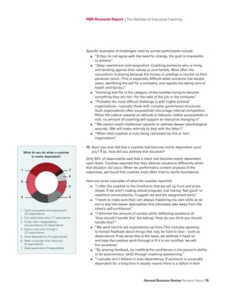 HBR Research Report | The Realities of Executive Coaching




                                             Specific examples of challenges cited by survey participants include:
                                               ●   “If they do not agree with the need for change, the goal is impossible
                                                   to achieve.”
                                               ●   “Deep resentment and resignation: Coaching someone who is living
                                                   and working against their values or core beliefs. Most often the
                                                   conundrum is staying because the money or prestige is counter to their
                                                   personal vision. (This is especially difficult when someone has stayed
                                                   years, sacrificing the self for a company, and regrets not taking care of
                                                   health and family.)”
                                               ●   “Anything that fits in the category of the coachee trying to become
                                                   something they are not—for the sake of the job or the company.    ”
                                               ●   “Probably the most difficult challenge is with highly political
                                                   organizations—typically those with complex governance structures.
                                                   Such organizations often purposefully encourage internal competition.
                                                   When the culture rewards an attitude or behavior (either purposefully or
                                                   not), no amount of coaching will support an executive changing it.  ”
                                               ●   “We cannot coach intellectual capacity or address deeper psychological
                                                   wounds. (We will make referrals to deal with the latter.)”
                                               ●   “When [the] coachee is truly being railroaded by [his or her]
                                                   organization. ”

                                             13. Have you ever felt that a coachee had become overly dependent upon
    What do you do when a coachee                you? If so, how did you address that situation?
         is overly dependent?
                                             Only 40% of respondents said that a client had become overly dependent
                                             upon them. Coaches reported that they address situations differently when
                                             that situation did occur. When we performed a content analysis of the
1                                       7
                                             responses, we found that coaches most often tried to clarify boundaries.
                                        6
2                                            Here are some examples of what the coaches reported:
                                        5      ●   “I refer the coachee to the timeframe that we set up front and press
                                                   ahead. If we aren’t making actual progress, just having ‘feel good’ or
                                                   repetitive conversations, I suggest we end the assignment early.   ”
3                                       4
                                               ●   “I work to make sure that I am always mastering my own skills so as
                                                   not to slip into easier approaches that ultimately take away from the
1. Clarify boundaries and expectations
                                                   client’s self-confidence.”
   (25 respondents)                            ●   “I diminish the amount of contact while deflecting questions of
2. End relationship early (17 respondents)         ‘How should I handle this’ [by asking] ‘How do you think you should
3. Foster client independence                      handle this?’”
   and confidence (13 respondents)
                                               ●   “We work hard to set expectations up front. This includes agreeing
4. Name it and work through it
   (12 respondents)                                to honest feedback about things that may be hard to hear—such as
5. Avoid dependence (10 respondents)               dependence. If we sense this is the issue, we address it head on
6. Refer or provide other resources                and help the coachee work through it. If it is not rectified, we will
   (6 respondents)                                 fire ourselves. ”
7 Seek supervision (3 respondents)
 .
                                               ●   “By sharing feedback, by instilling the confidence in the person’s ability
                                                   to be autonomous, [and] through coaching questioning.      ”
                                               ●   “I actually don’t believe in over-dependency. If someone is unusually
                                                   dependent for a long time it usually means there is a deficit in their




                                                                                   Harvard Business Review Research Report 15
 