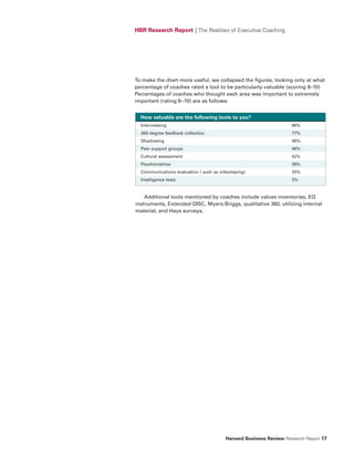 HBR Research Report | The Realities of Executive Coaching




To make the chart more useful, we collapsed the figures, looking only at what
percentage of coaches rated a tool to be particularly valuable (scoring 8–10)
Percentages of coaches who thought each area was important to extremely
important (rating 8–10) are as follows:


  How valuable are the following tools to you?
  Interviewing                                                     86%
  360-degree feedback collection                                   77%
  Shadowing                                                        46%
  Peer support groups                                              46%
  Cultural assessment                                              42%
  Psychometrics                                                    39%
  Communications evaluation ( such as videotaping)                 25%
  Intelligence tests                                               3%



    Additional tools mentioned by coaches include values inventories, EQ
instruments, Extended-DISC, Myers-Briggs, qualitative 360, utilizing internal
material, and Hays surveys.




                                        Harvard Business Review Research Report 17
 