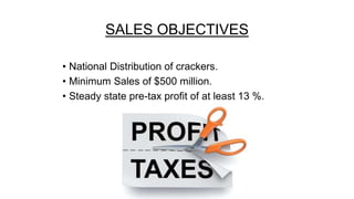 SALES OBJECTIVES
• National Distribution of crackers.
• Minimum Sales of $500 million.
• Steady state pre-tax profit of at least 13 %.
 