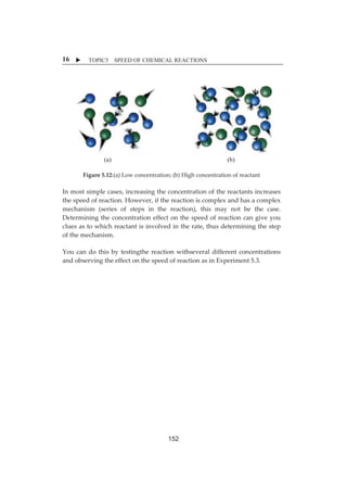 X TOPIC5 SPEED OF CHEMICAL REACTIONS 
16 
ȱ 
(a) (b) 
ȱ 
Figureȱ5.12:(a)ȱLowȱconcentration;ȱ(b)ȱHighȱconcentrationȱofȱreactantȱ 
Inȱmostȱsimpleȱcases,ȱincreasingȱtheȱconcentrationȱofȱtheȱreactantsȱincreasesȱ 
theȱspeedȱofȱreaction.ȱHowever,ȱifȱtheȱreactionȱisȱcomplexȱandȱhasȱaȱcomplexȱ 
mechanismȱ (seriesȱ ofȱ stepsȱ inȱ theȱ reaction),ȱ thisȱ mayȱ notȱ beȱ theȱ case.ȱ 
Determiningȱtheȱconcentrationȱeffectȱonȱtheȱspeedȱofȱreactionȱcanȱgiveȱyouȱ 
cluesȱasȱtoȱwhichȱreactantȱisȱinvolvedȱinȱtheȱrate,ȱthusȱdeterminingȱtheȱstepȱ 
ofȱtheȱmechanism.ȱ 
Youȱ canȱdoȱ thisȱbyȱ testingtheȱ reactionȱwithseveralȱdifferentȱ concentrationsȱ 
andȱobservingȱtheȱeffectȱonȱtheȱspeedȱofȱreactionȱasȱinȱExperimentȱ5.3.ȱ 
ȱ 
ȱ 
ȱ 
ȱ 
ȱ 
ȱ 
ȱ 
ȱ 
ȱ 
152 
 