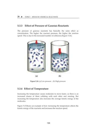 X TOPIC5 SPEED OF CHEMICAL REACTIONS 
20 
5.3.3ȱ EffectȱofȱPressureȱofȱGaseousȱReactantsȱ 
Theȱ pressureȱ ofȱ gaseousȱ reactantsȱ hasȱ basicallyȱ theȱ sameȱ effectȱ asȱ 
concentration.ȱ Theȱ higherȱ theȱ reactantȱ pressure,ȱ theȱ higherȱ theȱ reactionȱ 
speed.ȱThisȱisȱdueȱtoȱtheȱincreasedȱnumberȱofȱcollisionsȱ(Figureȱ5.16).ȱȱ 
ȱ 
ȱ 
ȱ 
ȱȱȱȱȱȱȱȱȱ 
ȱ ȱ 
ȱȱ 
ȱ 
Figureȱ5.16:ȱ(a)ȱLowȱpressureȱȱ;ȱ(b)ȱHighȱpressureȱ 
ȱ 
ȱ ȱ 
5.3.4ȱ EffectȱofȱTemperatureȱȱ 
Increasingȱ theȱ temperatureȱ causesȱmoleculesȱ toȱmoveȱ faster,ȱ soȱ thereȱ isȱ anȱ 
increasedȱ chanceȱ ofȱ themȱ collidingȱ withȱ eachȱ otherȱ andȱ reacting.ȱ Butȱ 
increasingȱ theȱ temperatureȱalsoȱ increasesȱ theȱaverageȱkineticȱ energyȱofȱ theȱ 
molecules.ȱ 
Figureȱ5.17showsȱanȱexampleȱofȱhowȱincreasingȱtheȱtemperatureȱaffectsȱtheȱ 
kineticȱenergyȱofȱtheȱreactantsȱandȱincreasesȱtheȱreactionȱspeed.ȱ 
ȱ 
ȱ 
156 
 