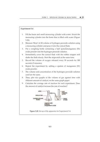 TOPIC 5 SPEED OF CHEMICAL REACTIONS W 25 
ȱ 
ȱ 
ȱ 
ȱ 
ȱ 
ȱ 
ȱ 
ȱ 
ȱ 
ȱ 
ȱ 
ȱ 
ȱ 
ȱ 
ȱ 
ȱ 
ȱ 
ȱ 
ȱ 
ȱ 
ȱ 
ȱ 
ȱ 
ȱ 
ȱ 
ȱ 
ȱ 
ȱ 
ȱ 
ȱ 
ȱ 
ȱ 
ȱ 
ȱ 
ȱ 
Experimentȱ5.4ȱ 
ȱ 
1. Fillȱtheȱbasinȱandȱsmallȱmeasuringȱcylinderȱwithȱwater.ȱInvertȱtheȱ 
measuringȱcylinderȱintoȱtheȱbasinȱthatȱisȱfilledȱwithȱwaterȱ(Figureȱ 
5.20).ȱ 
2. Measureȱ50cm³ȱofȱ20Ȭvolumeȱofȱhydrogenȱperoxideȱsolutionȱusingȱ 
aȱmeasuringȱcylinderȱandȱpourȱitȱintoȱtheȱconicalȱflask.ȱ 
3. Putȱ aȱ weighingȱ bottleȱ containingȱ aȱ halfȱ spatulamanganeseȱ (IV)ȱ 
oxideȱpowderȱintoȱtheȱhydrogenȱperoxideȱsolution.ȱ 
4. Immediatelyȱ coverȱ theȱ conicalȱ flaskȱwithȱ theȱ rubberȱ stopperȱandȱ 
shakeȱtheȱflaskȱslowly.ȱStartȱtheȱstopwatchȱatȱtheȱsameȱtime.ȱ 
5. Recordȱ theȱ volumeȱ ofȱ oxygenȱ releasedȱ everyȱ 30ȱ secondsȱ forȱ 300ȱ 
secondsȱ(5ȱminutes).ȱ 
6. Repeatȱ theȱ experimentȱ byȱ addingȱ aȱ spatulaȱ ofȱ manganeseȱ (IV)ȱ 
oxideȱpowder.ȱ 
7. Theȱvolumeȱandȱconcentrationȱofȱtheȱhydrogenȱperoxideȱsolutionȱ 
usedȱareȱtheȱsame.ȱ 
8. Then,ȱ plotȱ twoȱ graphsȱ ofȱ theȱ volumeȱ ofȱ gasȱ againstȱ timeȱ withȱ 
differentȱamountȱofȱcatalyst,ȱonȱtheȱsameȱgraphȱpaper.ȱ 
9. Calculateȱ theȱ averageȱ rateȱ ofȱ reactionȱ forȱ eachȱ experiment.ȱDoesȱ 
theȱamountȱofȱcatalystȱincreaseȱtheȱrateȱofȱreaction?ȱ 
ȱ 
Figureȱ5.20:ȱSetȬupȱofȱtheȱapparatusȱforȱExperimentȱ5.4ȱ 
161 
 