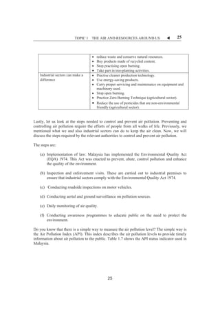 TOPIC 1 THE AIR AND RESOURCES AROUND US W 25 
x reduce waste and conserve natural resources. 
x Buy products made of recycled content. 
x Stop practising open burning. 
x Take part in tree-planting activities. 
Industrial sectors can make a 
differenceȱ 
x Practise cleaner production technology. 
x Use energy-saving products. 
x Carry proper servicing and maintenance on equipment and 
machinery used. 
x Stop open burning. 
x Practice Zero Burning Technique (agricultural sector). 
x Reduce the use of pesticides that are non-environmental 
friendly (agricultural sector). 
ȱ 
ȱ 
Lastly, let us look at the steps needed to control and prevent air pollution. Preventing and 
controlling air pollution require the efforts of people from all walks of life. Previously, we 
mentioned what we and also industrial sectors can do to keep the air clean. Now, we will 
discuss the steps required by the relevant authorities to control and prevent air pollution. 
The steps are: 
(a) Implementation of law: Malaysia has implemented the Environmental Quality Act 
(EQA) 1974. This Act was enacted to prevent, abate, control pollution and enhance 
the quality of the environment. 
(b) Inspection and enforcement visits. These are carried out to industrial premises to 
ensure that industrial sectors comply with the Environmental Quality Act 1974. 
(c) Conducting roadside inspections on motor vehicles. 
(d) Conducting aerial and ground surveillance on pollution sources. 
(e) Daily monitoring of air quality. 
(f) Conducting awareness programmes to educate public on the need to protect the 
environment. 
Do you know that there is a simple way to measure the air pollution level? The simple way is 
the Air Pollution Index (API). This index describes the air pollution levels to provide timely 
information about air pollution to the public. Table 1.7 shows the API status indicator used in 
Malaysia. 
ȱ 
25 
 