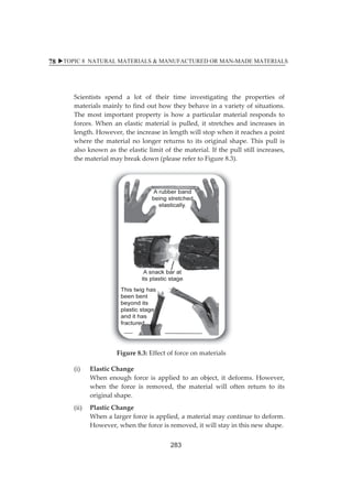 XTOPIC 8 NATURAL MATERIALS  MANUFACTURED OR MAN-MADE MATERIALS 
78 
ȱ Scientistsȱ spendȱ aȱ lotȱ ofȱ theirȱ timeȱ investigatingȱ theȱ propertiesȱ ofȱ 
materialsȱmainlyȱtoȱfindȱoutȱhowȱtheyȱbehaveȱinȱaȱvarietyȱofȱsituations.ȱ 
Theȱmostȱ importantȱ propertyȱ isȱ howȱ aȱ particularȱmaterialȱ respondsȱ toȱ 
forces.ȱWhenȱ anȱ elasticȱmaterialȱ isȱ pulled,ȱ itȱ stretchesȱ andȱ increasesȱ inȱ 
length.ȱHowever,ȱtheȱincreaseȱinȱlengthȱwillȱstopȱwhenȱitȱreachesȱaȱpointȱ 
whereȱ theȱmaterialȱnoȱ longerȱ returnsȱ toȱ itsȱ originalȱ shape.ȱThisȱpullȱ isȱ 
alsoȱknownȱasȱtheȱelasticȱlimitȱofȱtheȱmaterial.ȱIfȱtheȱpullȱstillȱincreases,ȱ 
theȱmaterialȱmayȱbreakȱdownȱ(pleaseȱreferȱtoȱFigureȱ8.3).ȱ 
ȱ ȱ 
ȱ 
Figureȱ8.3:ȱEffectȱofȱforceȱonȱmaterialsȱ 
(i) ElasticȱChangeȱ 
ȱ Whenȱ enoughȱ forceȱ isȱ appliedȱ toȱ anȱ object,ȱ itȱdeforms.ȱHowever,ȱ 
whenȱ theȱ forceȱ isȱ removed,ȱ theȱmaterialȱ willȱ oftenȱ returnȱ toȱ itsȱ 
originalȱshape.ȱ 
(ii) PlasticȱChangeȱ 
ȱ Whenȱaȱlargerȱforceȱisȱapplied,ȱaȱmaterialȱmayȱcontinueȱtoȱdeform.ȱ 
However,ȱwhenȱtheȱforceȱisȱremoved,ȱitȱwillȱstayȱinȱthisȱnewȱshape.ȱ 
283 
 