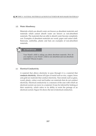 XTOPIC 8 NATURAL MATERIALS  MANUFACTURED OR MAN-MADE MATERIALS 
82 
(d)ȱ WaterȱAbsorbencyȱ 
ȱ ȱ 
ȱ Materialsȱwhichȱcanȱabsorbȱwaterȱareȱknownȱasȱabsorbentȱmaterialsȱandȱ 
materialsȱ whichȱ cannotȱ absorbȱ waterȱ areȱ knownȱ asȱ nonȬabsorbentȱ 
materials.ȱTheȱmaterialsȱthatȱareȱableȱtoȱabsorbȱwaterȱbecomeȱcompletelyȱ 
wet.ȱExamplesȱofȱabsorbentȱmaterialsȱareȱwood,ȱpaperȱandȱcottonȱcloth.ȱ 
Raincoats,ȱ umbrellas,ȱ plasticȱ andȱ hatsȱ areȱ examplesȱ ofȱ nonȬabsorbentȱ 
materials.ȱ 
ȱȱȱȱȱȱȱȱȱȱȱ 
ACTIVITY 8.4 
Your friend’s child is asking you about absorbent materials. How do 
you explain to your friend’s child to test absorbent and non-absorbent 
materials? Discuss in pairs. 
(e)ȱ ElectricalȱConductivityȱ 
ȱ Aȱmaterialȱ thatȱ allowsȱ electricityȱ toȱ passȱ throughȱ itȱ isȱ aȱmaterialȱ thatȱ 
conductsȱelectricity.ȱAlmostȱallȱtypesȱofȱmetalȱsuchȱasȱzinc,ȱcopper,ȱbrassȱ 
andȱgoldȱareȱmaterialsȱthatȱconductȱelectricity.ȱNonȬmetalsȱsuchȱasȱglass,ȱ 
wood,ȱplastic,ȱcottonȱwoolȱandȱleatherȱareȱmaterialsȱthatȱdoȱnotȱconductȱ 
electricity.ȱElectricalȱconductivityȱisȱaȱmeasureȱofȱtheȱeaseȱwithȱwhichȱanȱ 
electricalȱcurrentȱcanȱmoveȱinȱaȱmaterial.ȱItȱmayȱbeȱinferredȱbyȱlookingȱatȱ 
theirȱ resistivity,ȱ whichȱ refersȱ toȱ itsȱ abilityȱ toȱ resistȱ theȱ passageȱ ofȱ anȱ 
electricalȱcurrent.ȱFigureȱ8.6ȱshowsȱtheȱtestȱofȱelectricalȱconduction.ȱ 
ȱ 
ȱ 
ȱ 
ACTIVITY 8.4 
287 
 
