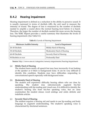 1 16  TOPIC 8 STRATEGIES FOR DIVERSE LEARNERS 
8.4.2 Hearing impairment 
Hearing impairment is defined as a reduction in the ability to perceive sound. It 
is usually expressed in terms of decibels (dB), the unit used to measure the 
intensity of sound. The degree of loss is measured by the number of decibels 
needed to amplify a sound above the normal hearing level before it is heard. 
Therefore, the larger the number of decibels needed the more severe the hearing 
loss. The SERC Report provides a useful summary that illustrates the levels of 
hearing impairment. (See Table 8.1) 
Table 8.1: Levels of Hearing Impairment 
Minimum Audible Intensity Level of Impairment 
2030 Decibels Mildly Hard of Hearing 
3060 Decibels Moderately Hard of Hearing 
6089 Decibels Severely Hard of Hearing 
90 Decibels or over Profoundly Deaf 
Source: http://www.sess.ie/categories/sensory-impairments/hearing-impairment 
(a) Mildly Hard of Hearing 
The student hears nearly all speech but may hear incorrectly if not looking 
at the speaker or if there is background noise. It can be very difficult to 
identify this condition. Students may have difficulties responding to 
conversational speech especially with background noise. 
(b) Moderately Hard of Hearing 
The student will experience difficulty hearing others who are close by 
speaking. The student may subconsciously augment his/her 
understanding with lip-reading and visual cues. It is difficult to identify the 
studentÊs hearing loss from his/her speaking voice, but on close 
examination the student misses word endings and omits definite and 
indefinite articles. 
(c) Severely Hard of Hearing 
The student requires a hearing aid and needs to use lip-reading and body 
language to augment understanding. The studentÊs speaking voice is 
characterised by shortened sentences. 
 