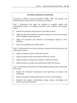 TOPIC 2 ISSUES IN SCIENCE EDUCATION  15 
ILLINOIS LEARNING STANDARDS 
According to Illinois Learning Standards (ISBE, 1997), the general and 
subsidiary goals of the science curriculum are as follows: 
Goal 1: Understand and apply the methods of scientific inquiry and 
technological design to investigate questions, solve problems and analyse 
claims. 
 Explain the principles and practices of scientific research. 
 Apply the steps and methods of scientific inquiry to conduct experiments 
and investigate research questions. 
 Apply the principles and methods of technological design to solve 
problems. 
 Assess the credibility of scientific claims. 
Goal 2: Understand the facts and unifying concepts of the life, physical and 
earth/space sciences. 
 Apply concepts of systems within the sciences. 
 Apply concepts of form and function within the sciences. 
 Apply concepts of change and constancy within the sciences. 
 Apply concepts of models and explanations within the sciences. 
Goal 3: Understand connections and relationships among science, technology 
and society. 
 Explain the historical development and importance of science and 
technology. 
 Explain conceptual relationships between science and technology. 
 Describe and analyse relationships among science, technology and 
society in practical situations. 
 