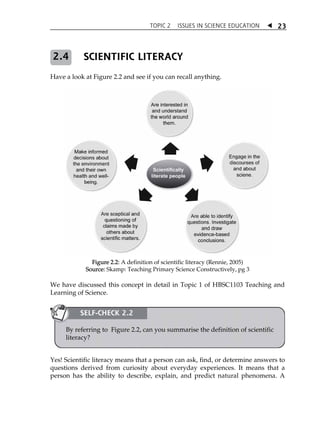 TOPIC 2 ISSUES IN SCIENCE EDUCATION  23 
SCIENTIFIC LITERACY 
2.4 
Have a look at Figure 2.2 and see if you can recall anything. 
Figure 2.2: A definition of scientific literacy (Rennie, 2005) 
Source: Skamp: Teaching Primary Science Constructively, pg 3 
We have discussed this concept in detail in Topic 1 of HBSC1103 Teaching and 
Learning of Science. 
SELF-CHECK 2.2 
By referring to Figure 2.2, can you summarise the definition of scientific 
literacy? 
Yes! Scientific literacy means that a person can ask, find, or determine answers to 
questions derived from curiosity about everyday experiences. It means that a 
person has the ability to describe, explain, and predict natural phenomena. A 
 