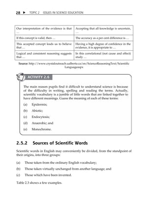 TOPIC 2 ISSUES IN SCIENCE EDUCATION 
28 
Our interpretation of the evidence is that 
 
Accepting that all knowledge is uncertain, 
 
If this concept is valid, then  The accuracy as a per cent difference is  
This accepted concept leads us to believe 
that  
Having a high degree of confidence in the 
evidence, it is appropriate to  
Logical and consistent reasoning suggests 
that  
In this correlational (not cause and effect) 
study  
Source: http://www.crystaloutreach.ualberta.ca/en/ScienceReasoningText/Scientific 
Languageaspx 
ACTIVITY 2.6 
The main reason pupils find it difficult to understand science is because 
of the difficulty in writing, spelling and reading the terms. Actually, 
scientific vocabulary is a jumble of little words that are linked together to 
have different meanings. Guess the meaning of each of these terms: 
(a) Epidermis; 
(b) Abiotic; 
(c) Endocytosis; 
(d) Anaerobic; and 
(e) Monochrome. 
2.5.2 Sources of Scientific Words 
Scientific words in English may conveniently be divided, from the standpoint of 
their origins, into three groups: 
(a) Those taken from the ordinary English vocabulary; 
(b) Those taken virtually unchanged from another language; and 
(c) Those which have been invented. 
Table 2.3 shows a few examples. 
 