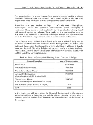TOPIC 3 HISTORICAL DEVELOPMENT OF THE SCIENCE CURRICULUM  
37 
The scenario above is a conversation between two parents outside a science 
classroom. You must have heard similar conversations in your school too. Why 
do you think there have been so many changes in the science curriculum? 
Remember what you studied in Topic 1? We discussed philosophical, 
psychological, social and economic considerations when developing a 
curriculum. These factors are not constant. Society is constantly evolving. Social 
and economic factors may change. There might be new psychological theories 
that need to be addressed. Curriculum developers believe that the curriculum 
has to be dynamic and responsive in order to remain current and relevant. 
The Malaysian school science curriculumÊs main aim is national unity and to 
produce a workforce that can contribute to the development of the nation. The 
pattern of changes and development in science education in Malaysia is largely 
based on National Education Policies and current trends in science teaching. 
Study Table 3.1 which shows the different primary science curricula in Malaysia 
and the years they were implemented. 
Table 3.1: Historical Development of Primary Science Curricula in Malaysia 
Science Curriculum Year of Implementation 
Nature Study Before 1965 
Primary Science curriculum 1965-1968 
Primary Science Special Project 1968-1984 
Man and The Environment 
1985-1993 
(Kurikulum Baru Sekolah Rendah, KBSR) 
Primary School Science 
(Kurikulum Bersepadu Sekolah Rendah, KBSR) 
1994-2010 
Primary School Science (Revised in English) 2003 
KSSR 2011 
In this topic you will learn about the historical development of the primary 
science curriculum in Malaysia. You will be able to compare the past science 
curricula with the present science curriculum and understand the rationale for 
the changes. 
 