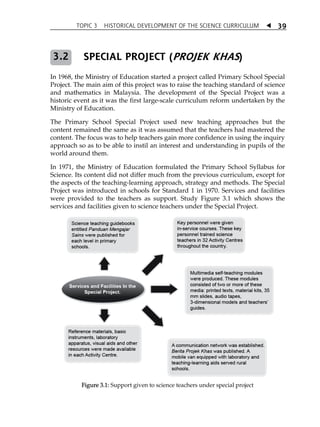 TOPIC 3 HISTORICAL DEVELOPMENT OF THE SCIENCE CURRICULUM  
39 
SPECIAL PROJECT (PROJEK KHAS) 
In 1968, the Ministry of Education started a project called Primary School Special 
Project. The main aim of this project was to raise the teaching standard of science 
and mathematics in Malaysia. The development of the Special Project was a 
historic event as it was the first large-scale curriculum reform undertaken by the 
Ministry of Education. 
The Primary School Special Project used new teaching approaches but the 
content remained the same as it was assumed that the teachers had mastered the 
content. The focus was to help teachers gain more confidence in using the inquiry 
approach so as to be able to instil an interest and understanding in pupils of the 
world around them. 
In 1971, the Ministry of Education formulated the Primary School Syllabus for 
Science. Its content did not differ much from the previous curriculum, except for 
the aspects of the teaching-learning approach, strategy and methods. The Special 
Project was introduced in schools for Standard 1 in 1970. Services and facilities 
were provided to the teachers as support. Study Figure 3.1 which shows the 
services and facilities given to science teachers under the Special Project. 
Figure 3.1: Support given to science teachers under special project 
3.2 
 