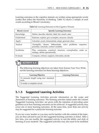 TOPIC 5 KBSR SCIENCE CURRICULUM II  
75 
Learning outcomes in the cognitive domain are written using appropriate words 
(verbs) that reflect the hierarchy of thinking. Table 5.2 shows a sample of such 
words according to BloomÊs taxonomy. 
Table 5.2: Learning Outcomes in the Cognitive Domain 
BloomÊs Level Specific Learning Outcomes 
Knowledge Define, describe, identify, label, list, match, state 
Understand Estimate, explain, give examples, measure, classify 
Apply Calculate, count, demonstrate, adapt, generate ideas 
Analyse Exemplify, choose, differentiate, solve problems, sequence, 
prioritise, conclude, control variables 
Synthesise Plan, summarise, construct, structure, conceptualise, make an 
analogy, define operationally 
Evaluate Compute, criticise, support, rationalise, decide 
ACTIVITY 5.4 
The following learning objectives are taken from Science Year Two. Write 
out the learning outcomes for these learning objectives. 
Learning Objective Learning Outcomes 
To measure length using non- standard 
tools. 
To make a complete circuit. 
5.1.5 Suggested Learning Activities 
The Suggested Learning Activities provide information on the scope and 
dimension of learning outcomes. The learning activities stated under the column 
ÂSuggested Learning ActivitiesÊ are given with the intention of providing some 
guidance as to how learning outcomes can be achieved. A suggested activity may 
cover one or more learning outcomes. At the same time, more than one activity 
may be suggested for a particular learning outcome. 
If you are a new teacher or you may not be familiar with the content of the topic, 
you are thus advised to just do the suggested learning activities as listed. After a 
few tries, you can modify the suggested activity to suit the ability and style of 
learning of your students. The suggested activities may also need to be modified 
 