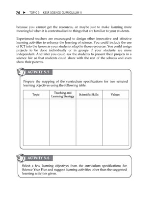 TOPIC 5 KBSR SCIENCE CURRICULUM II 
76 
because you cannot get the resources, or maybe just to make learning more 
meaningful when it is contextualised to things that are familiar to your students. 
Experienced teachers are encouraged to design other innovative and effective 
learning activities to enhance the learning of science. You could include the use 
of ICT into the lesson as your students adapt to those resources. You could assign 
projects to be done individually or in groups if your students are more 
independent. And later you could ask the students to present their projects in a 
science fair so that students could share with the rest of the schools and even 
show their parents. 
Prepare the mapping of the curriculum specifications for two selected 
learning objectives using the following table. 
Topic Teaching and 
Learning Strategy Scientific Skills Values 
ACTIVITY 5.5 
ACTIVITY 5.6 
Select a few learning objectives from the curriculum specifications for 
Science Year Five and suggest learning activities other than the suggested 
learning activities given. 
 