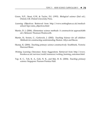 TOPIC 5 KBSR SCIENCE CURRICULUM II  
79 
Green, N.P., Stout, G.W,  Taylor, D.J. (1993). Biological science (2nd ed.). 
Oxford, UK: Oxford University Press. 
Learning Objectives. Retrieved from http://www.nottingham.ac.uk/medical-school/ 
tips/aims_objectives.html 
Martin, D. J. (2006). Elementary science methods: A constructivist approach(4th 
ed.). Belmont: Thomson Wadsworth. 
Martin, R.; Sexton, C.; Gerlovich, J. (2002). Teaching Science for all children: 
Methods for constructing understanding. Boston: Allyn and Bacon. 
Skamp, K. (2004). Teaching primary science constructively. Southbank, Victoria: 
Harcourt Brace. 
Writing Learning Outcomes: Some Suggestions. Retrieved from http://www. 
brookes.ac.uk/services/ocsld/resources/writing_learning_outcomes.html 
Yap, K. C., Toh, K. A., Goh, N. K., and Bak, H. K. (2004). Teaching primary 
science. Singapore: Pearson Prentice Hall. 
 
 