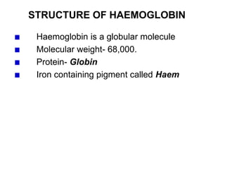STRUCTURE OF HAEMOGLOBIN
Haemoglobin is a globular molecule
Molecular weight- 68,000.
Protein- Globin
Iron containing pigment called Haem
 