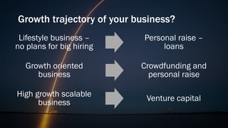 Growth trajectory of your business?
Lifestyle business –
no plans for big hiring
Personal raise –
loans
Growth oriented
business
Crowdfunding and
personal raise
High growth scalable
business Venture capital
 
