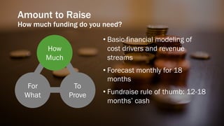 Amount to Raise
How much funding do you need?
• Basic financial modeling of
cost drivers and revenue
streams
• Forecast monthly for 18
months
• Fundraise rule of thumb: 12-18
months’ cash
How
Much
For
What
To
Prove
 