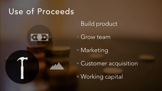 Use of Proceeds
• Build product


• Grow team


• Marketing


• Customer acquisition


• Working capital
 
