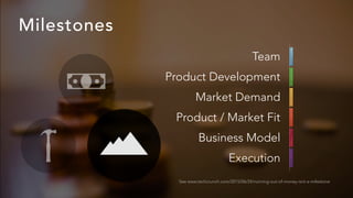 Milestones
See www.techcrunch.com/2015/06/24/running-out-of-money-isnt-a-milestone
Team
Product Development
Market Demand
Product / Market Fit
Business Model
Execution
 