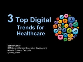 © 2014 IBM Corporation 
Empowering the IBM ecosystem 
3 Top Digital Trends for Healthcare 
Sandy Carter IBM General Manager Ecosystem Development & Social Business Evangelist @sandy_carter  