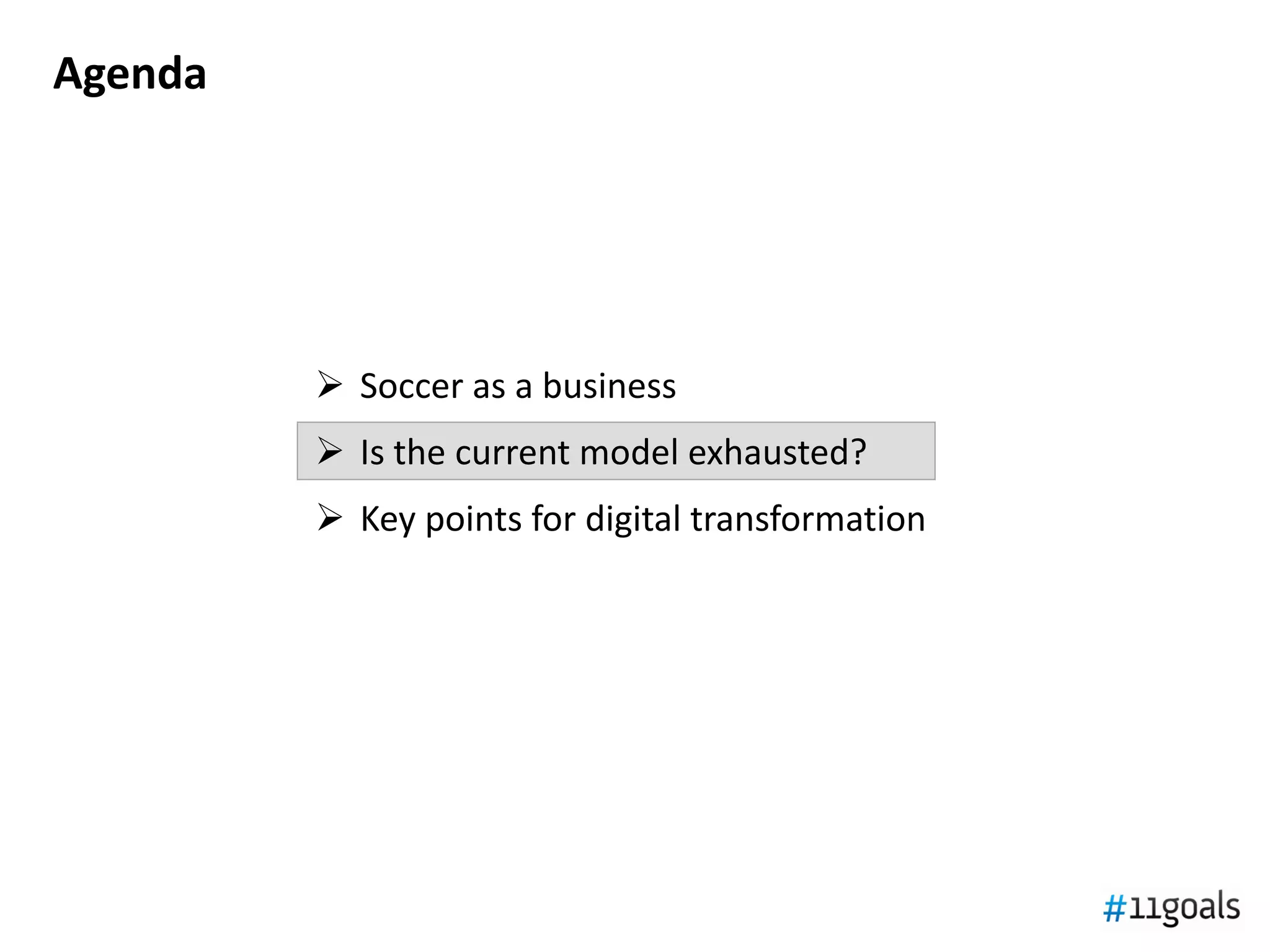 2121
Soccer business models
• Large, well-established teams with a long track record on
the pitch and a large fanbase all over the world.
• Revenues, large and stable, finance the team.
• Key to profitability is being able to restrain the payroll cost
of the players.
• Usually have successful junior academies, but it is difficult
for a player to walk all the steps onto the first team.
Description
• Real Madrid
• Manchester United
• Bayern Munich
• FC Barcelona
• Manchester City
• Paris Saint-Germain
• Chelsea
Examples
• Mid-sized teams with strong junior academies or a key
long-term investor, working to build a Commercial stream
and an international brand.
• Transfer fees come not only from the junior academy, but
from trading players who become stars in 2-3 years.
• From time to time succeed in Europe and get significant
revenues. Money buys time to build-up Commercial.
• Revenues are volatile and cash must be watched.
• Atlético de Madrid
• Shalke 04
• Valencia CF
• Fiorentina
• Ajax
• Monaco
• Small local teams with little chances to build-up a
Comercial revenue stream.
• Best source of revenue are transfer fees from players
coming from their junior school.
• Teams that do not succeed in developing talent are usually
money-losing clubs.
• Real Sociedad
• Villareal CF
• Elche CF
• Stade Rennais
• Atalanta B.C.
• FC Sochaux-Montbéliard
• Many Latam clubs
Factory of
players
“Lucky striker”
(prizes, trades, or
key investor)
Commercial
funds team
(wages & capex)
• Very small and small clubs that live almost exclusively on
tickets. Adapt budget to revenues (Cash In=Cash Out).
• Usually no formal business plan
Survival mode
Top ~1%
Next ~5%
Next ~20%
Source: 11 Goals & Associates; UEFA (2012)
Most clubs
 