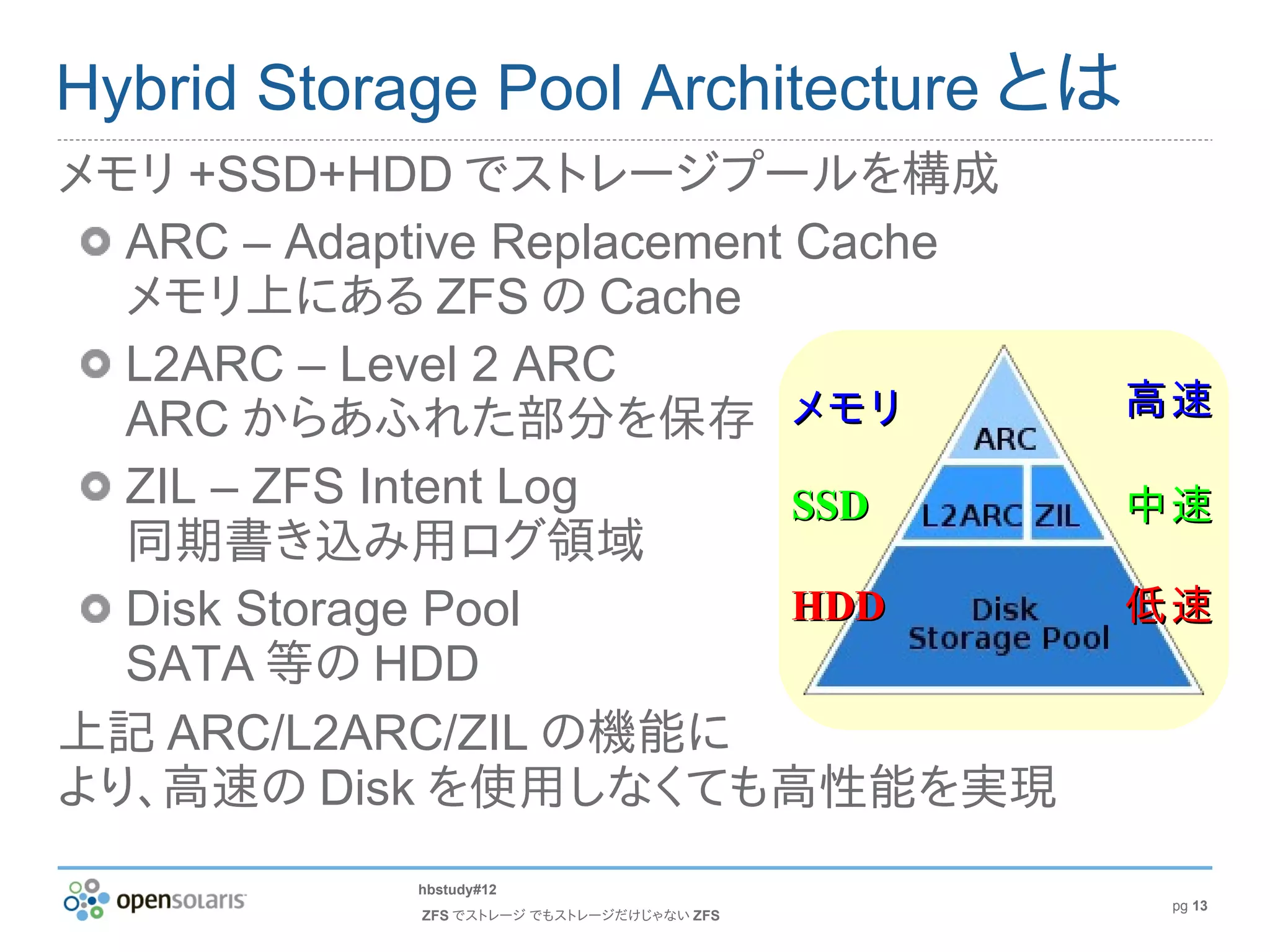 Hybrid Storage Pool Architecture とは
メモリ +SSD+HDD でストレージプールを構成
  ARC – Adaptive Replacement Cache
  メモリ上にある ZFS の Cache
  L2ARC – Level 2 ARC
                                           高速
  ARC からあふれた部分を保存 メモリ
  ZIL – ZFS Intent Log       SSD           中速
  同期書き込み用ログ領域
  Disk Storage Pool          HDD           低速
  SATA 等の HDD
上記 ARC/L2ARC/ZIL の機能に
より、高速の Disk を使用しなくても高性能を実現
            hbstudy#12
                                            pg 13
            ZFS でストレージ でもストレージだけじゃない ZFS
 