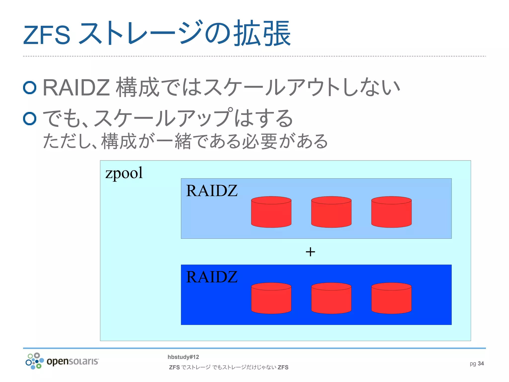 ZFS ストレージの拡張

RAIDZ 構成ではスケールアウトしない
でも、スケールアップはする
ただし、構成が一緒である必要がある
   zpool
                RAIDZ


                                          +
                RAIDZ



           hbstudy#12
                                              pg 34
           ZFS でストレージ でもストレージだけじゃない ZFS
 