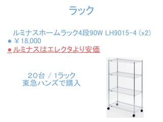 ラック
  ルミナスホームラック4段90W LH9015-4 (x2)   
● ￥18,000
● ルミナスはエレクタより安価


    ２０台 / 1ラック
   東急ハンズで購入
 