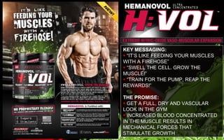KEY MESSAGING:
 “IT’S LIKE FEEDING YOUR MUSCLES
WITH A FIREHOSE”
 “SWELL THE CELL. GROW THE
MUSCLE!”
 “TRAIN FOR THE PUMP, REAP THE
REWARDS!”
THE PROMISE:
 GET A FULL, DRY AND VASCULAR
LOOK IN THE GYM
 INCREASED BLOOD CONCENTRATED
IN THE MUSCLE RESULTS IN
MECHANICAL FORCES THAT
STIMULATE GROWTH
 