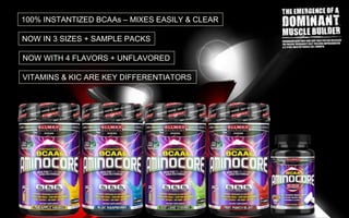 100% INSTANTIZED BCAAs – MIXES EASILY & CLEAR
NOW IN 3 SIZES + SAMPLE PACKS
NOW WITH 4 FLAVORS + UNFLAVORED
VITAMINS & KIC ARE KEY DIFFERENTIATORS
 