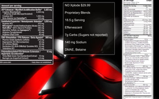 NO Xplode $29.99
Proprietary Blends
18.5 g Serving
Effervescent
7g Carbs (Sugars not reported)
140 mg Sodium
DMAE, Betaine
 