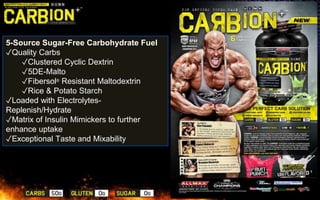 5-Source Sugar-Free Carbohydrate Fuel
✓Quality Carbs
✓Clustered Cyclic Dextrin
✓5DE-Malto
✓Fibersol® Resistant Maltodextrin
✓Rice & Potato Starch
✓Loaded with Electrolytes-
Replenish/Hydrate
✓Matrix of Insulin Mimickers to further
enhance uptake
✓Exceptional Taste and Mixability
 