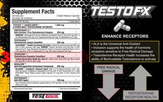 • ALA is the Universal Anti-Oxidant
• Inclusion supports the health of hormone
receptors sensitive to Free-Radical Damage
• Testosterone Receptor health increases the
ability of BioAvailable Testosterone to activate
ENHANCE RECEPTORS
3 FREE RADICAL
DAMAGE
TESTOSTERONE
RECEPTOR HEALTH
 