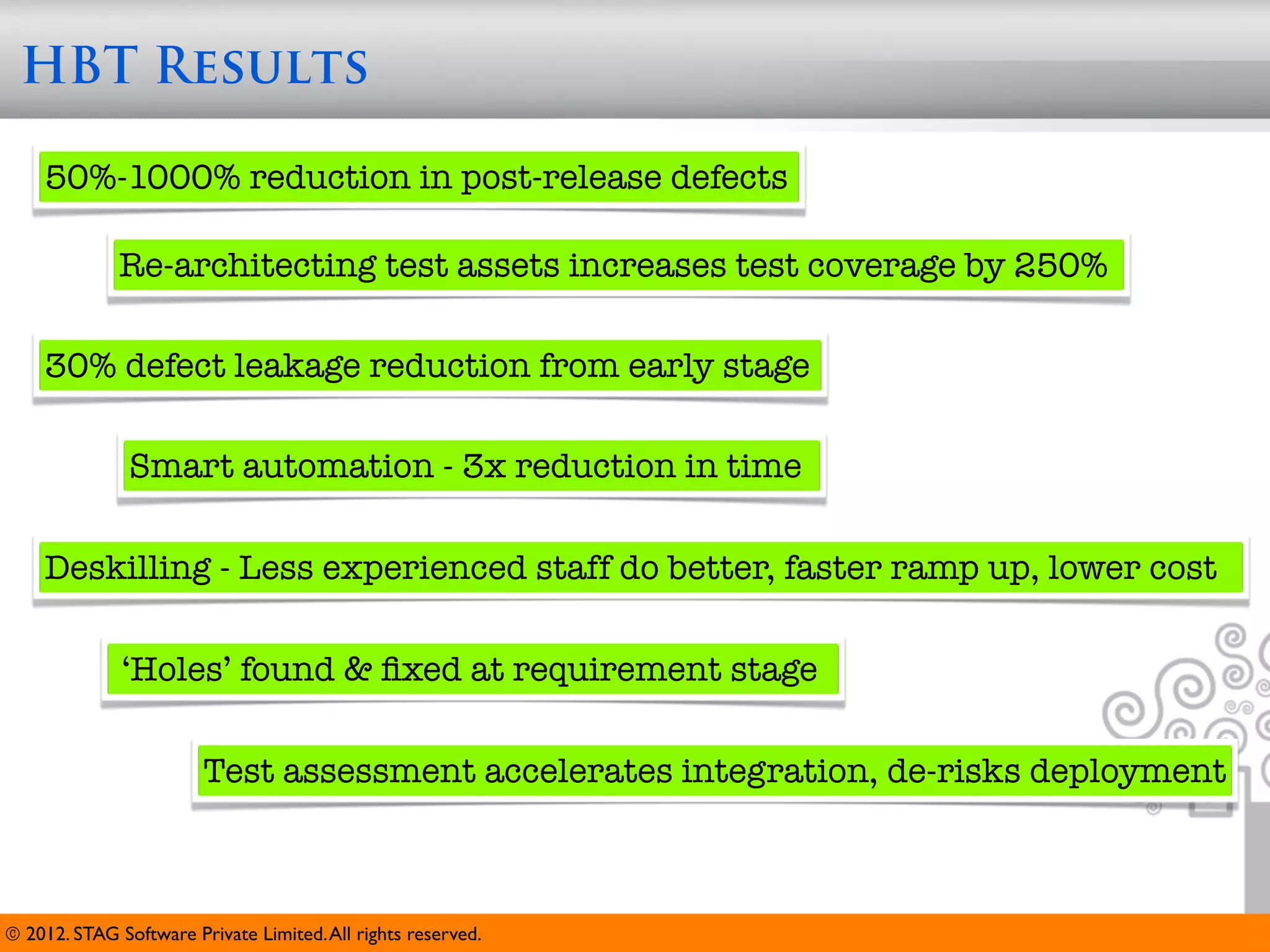 HBT Results

    50%-1000% reduction in post-release defects

              Re-architecting test assets increases test coverage by 250%

    30% defect leakage reduction from early stage

               Smart automation - 3x reduction in time

    Deskilling - Less experienced staff do better, faster ramp up, lower cost

              ‘Holes’ found & ﬁxed at requirement stage

                        Test assessment accelerates integration, de-risks deployment



© 2012. STAG Software Private Limited. All rights reserved.
 