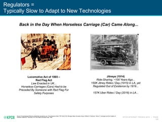 KPCB INTERNET TRENDS 2016 | PAGE
149
Regulators =
Typically Slow to Adapt to New Technologies
Source: Encyclopaedia Brittanica, dailybritain.wordpress.com, Travis Kalanick (Uber) TED Talk (3/16), Michigan State University Library, William B. Friedricks, “Henry E. Huntington and the Creation of
Southern California,” Columbus, OH: Ohio State University Press, 1992
Back in the Day When Horseless Carriage (Car) Came Along...
Locomotive Act of 1865 –
Red Flag Act
Law Enacted in UK...
Horseless Carriages (Cars) Had to be
Preceded By Someone with Red Flag For
Safety Purposes
Jitneys (1914)
Ride-Sharing, ~100 Years Ago...
150K Jitney Rides / Day (1915) in LA, yet
Regulated Out of Existence by 1919...
157K Uber Rides / Day (2016) in LA...
 