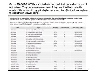 On the TRACKING SYSTEM page students can check their scores for the end of
unit quizzes. They can re-take a quiz every 3 days and it will only save the
results of the quizzes if they get a higher score next time (ie. it will not replace
the result with a lower score).
 