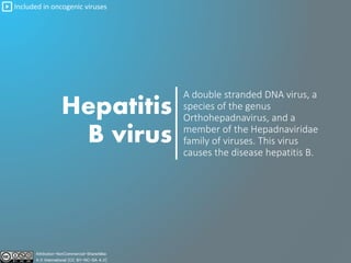 Hepatitis
B virus
A double stranded DNA virus, a
species of the genus
Orthohepadnavirus, and a
member of the Hepadnaviridae
family of viruses. This virus
causes the disease hepatitis B.
Included in oncogenic viruses
Attribution-NonCommercial-ShareAlike
4.0 International (CC BY-NC-SA 4.0)
 