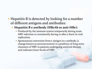  Hepatitis B is detected by looking for a number
of different antigens and antibodies:
 Hepatitis B e antibody (HBeAb or anti-HBe):
 Produced by the immune system temporarily during acute
HBV infection or consistently during or after a burst in viral
replication.
 Spontaneous conversion from e antigen to e antibody (a
change known as seroconversion) is a predictor of long-term
clearance of HBV in patients undergoing antiviral therapy
and indicates lower levels of HBV.
 