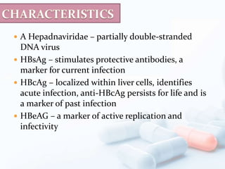  A Hepadnaviridae – partially double-stranded
DNA virus
 HBsAg – stimulates protective antibodies, a
marker for current infection
 HBcAg – localized within liver cells, identifies
acute infection, anti-HBcAg persists for life and is
a marker of past infection
 HBeAG – a marker of active replication and
infectivity
 