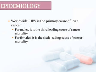  Worldwide, HBV is the primary cause of liver
cancer
 For males, it is the third leading cause of cancer
mortality
 For females, it is the sixth leading cause of cancer
mortality
 