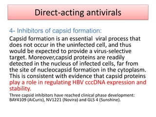 Direct-acting antivirals
4- Inhibitors of capsid formation:
Capsid formation is an essential viral process that
does not occur in the uninfected cell, and thus
would be expected to provide a virus-selective
target. Moreover,capsid proteins are readily
detected in the nucleus of infected cells, far from
the site of nucleocapsid formation in the cytoplasm.
This is consistent with evidence that capsid proteins
play a role in regulating HBV cccDNA expression and
stability.
Three capsid inhibitors have reached clinical phase development:
BAY4109 (AiCuris), NV1221 (Novira) and GLS 4 (Sunshine).
 
