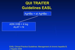 QUI TRAITER Guidelines EASL   AgHBe + et AgHBe - EASL Clinical Practice Guidelines: Management of chronic hepatitis B.  J Hepatol 2009  ADN VHB < 4 log ALAT = N 
