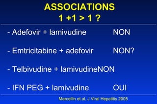 ASSOCIATIONS 1 +1 > 1 ? - Adefovir + lamivudine NON   - Emtricitabine + adefovir NON? - Telbivudine + lamivudine NON   - IFN PEG + lamivudine OUI Marcellin et al. J Viral Hepatitis 2005 